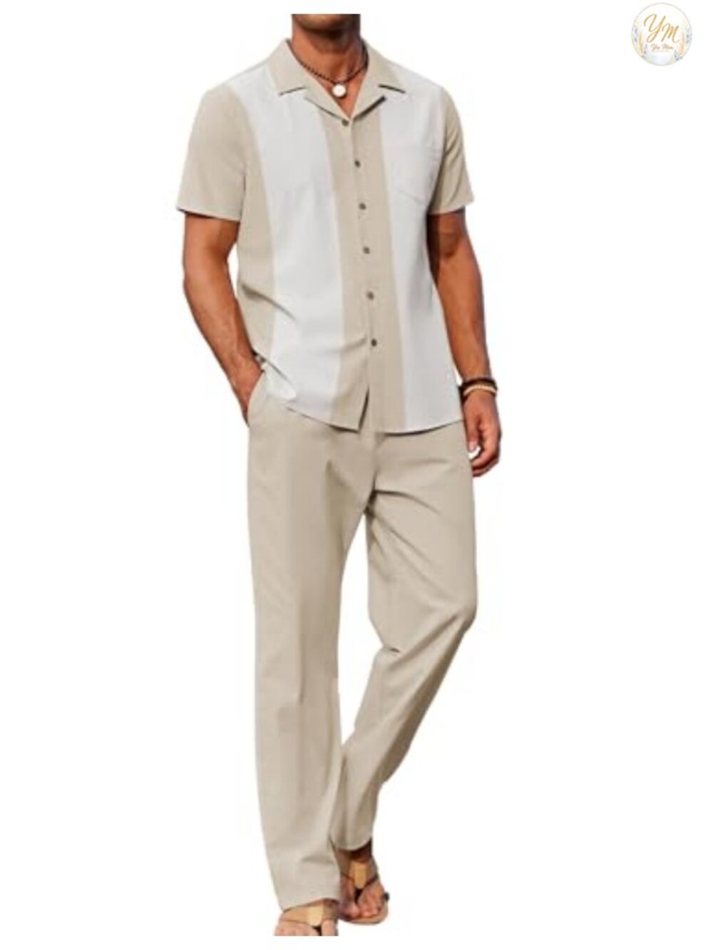 Men 2 Piece Linen Outfit Beach Button Down Shirt & Loose Pants Set